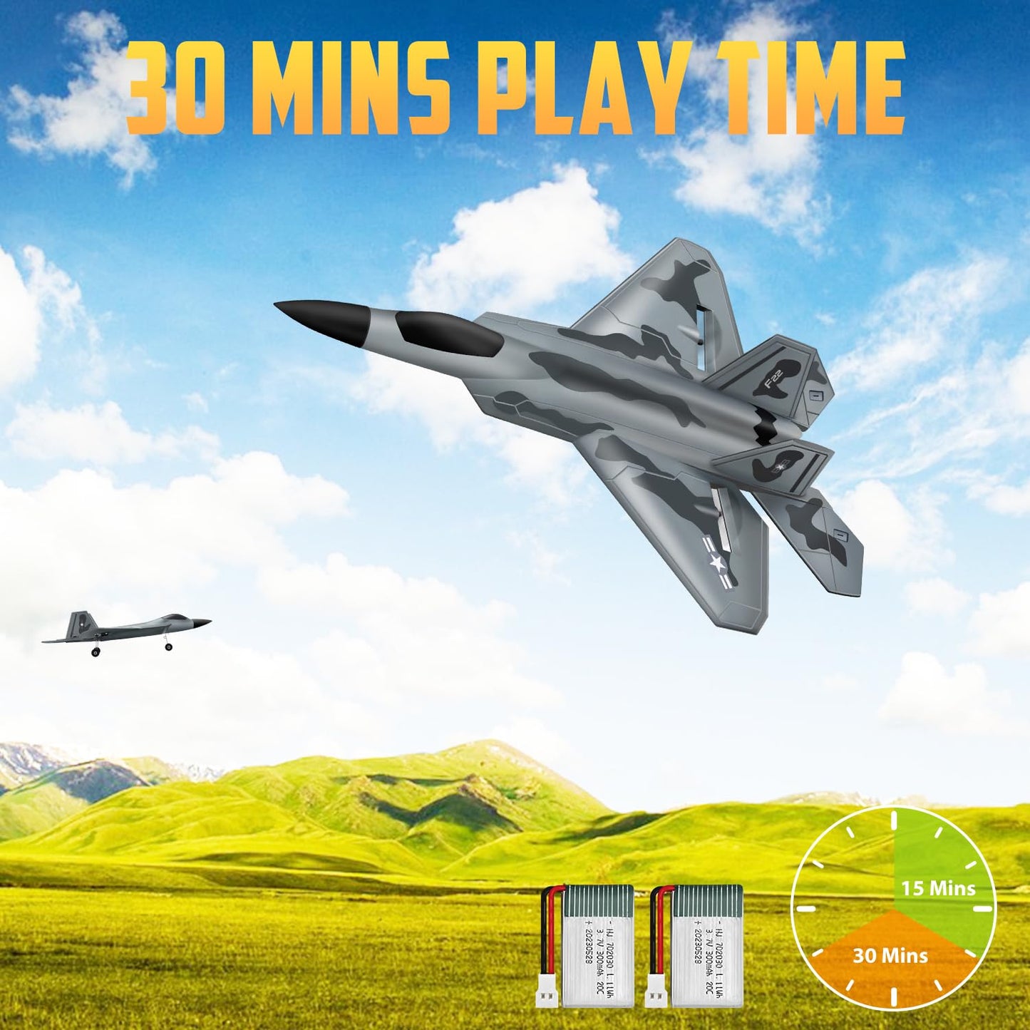 HAWK'S WORK 2 CH RC Airplane, F-22 Plane Ready to Fly, 2.4GHz Remote Control, Easy to Fly RC Glider for Kids & Beginners