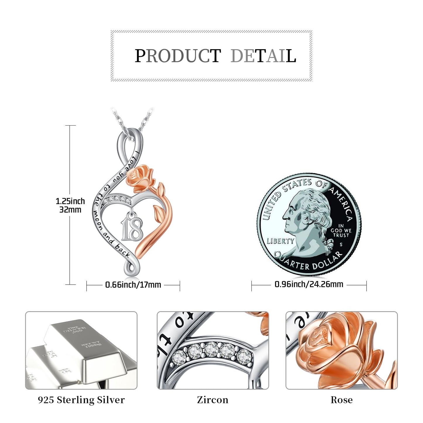 KoyeKei 18th Birthday Gifts for Daughter 18 Year Old Necklace 925 Sterling Silver Rose Flower Heart Infinity Pendant Jewelry Christmas Birthday Gift for Women Granddaughter