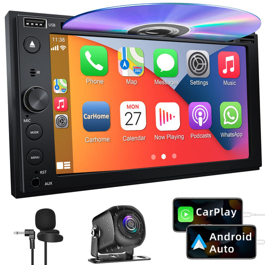 Double Din Car Stereo with CD/DVD Player Apple Carplay & Android Auto, 6.2Inch Car Radio with Bluetooth and Backup Camera, Touch Screen, Mirror Link, Steering Wheel Control, USB/TF/AUX Input, AM/FM