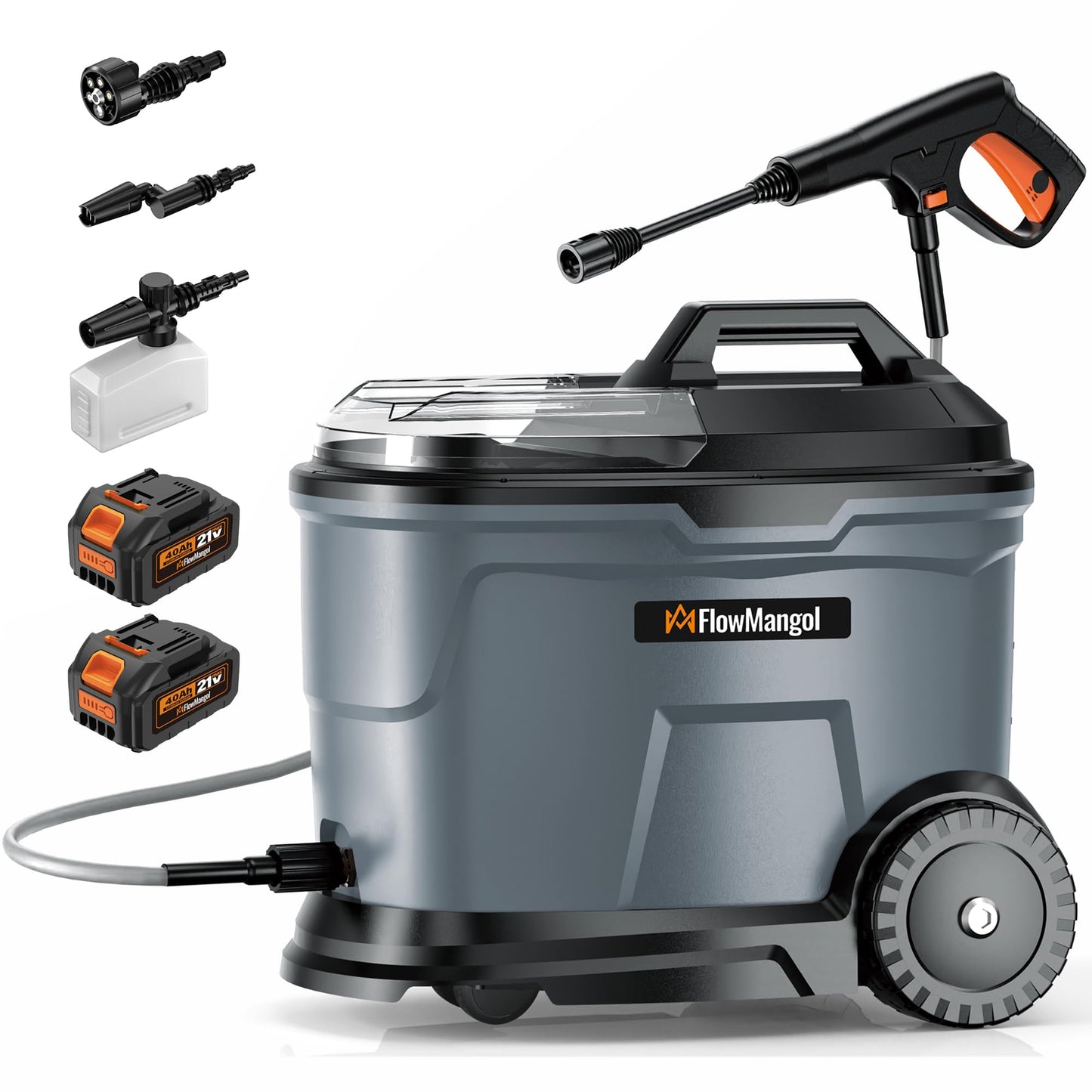 FlowMangol Freelander cPX4000 Portable Cordless Pressure Washer with 4.5 Gallon Tank & 4 Wheels, 725 PSI True Pressure, 2 x 4.0Ah Battery Power Washer for Car Washing, Outdoor Rinsing and Pet Shower