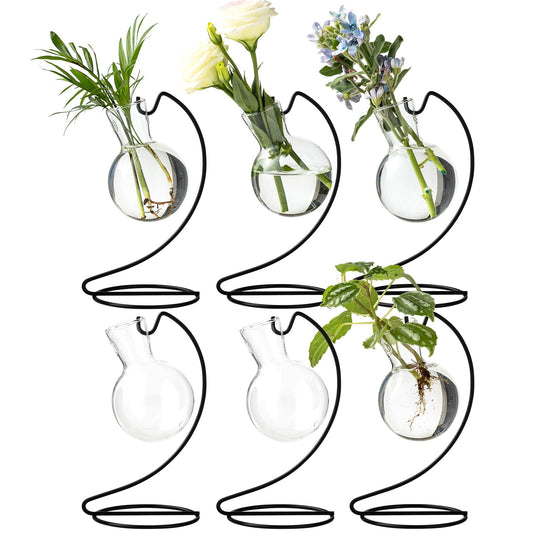 Desktop Glass Plant Propagation Station with Metal Stand,Tabletop Plant Terrarium,Hydroponics Vase for Propagating Hydroponic Office Garden Home Decor, for Weddings, Centerpieces (6)