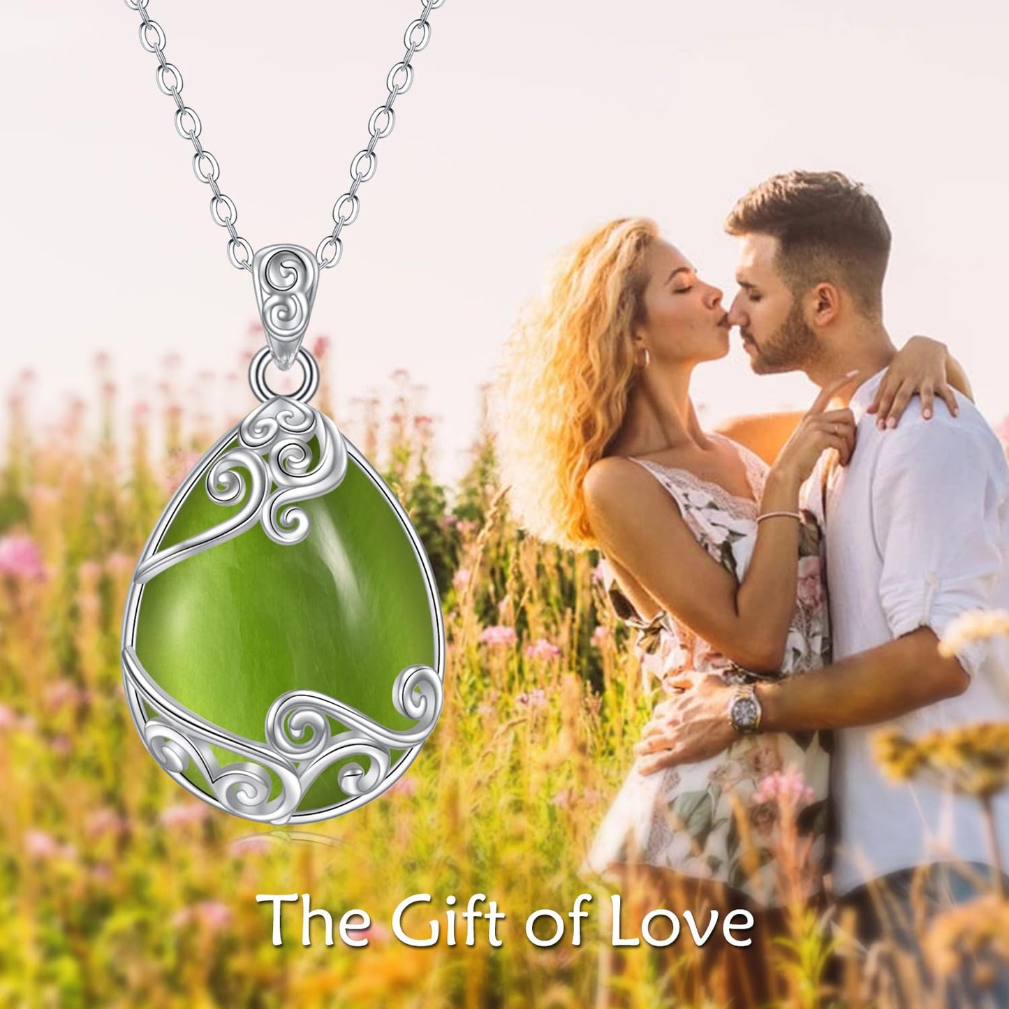 YAFEINI Sterling Silver Peridot Teardrop Pendant Necklace - Green Filigree Natural Stone Jewelry Gifts for Women
