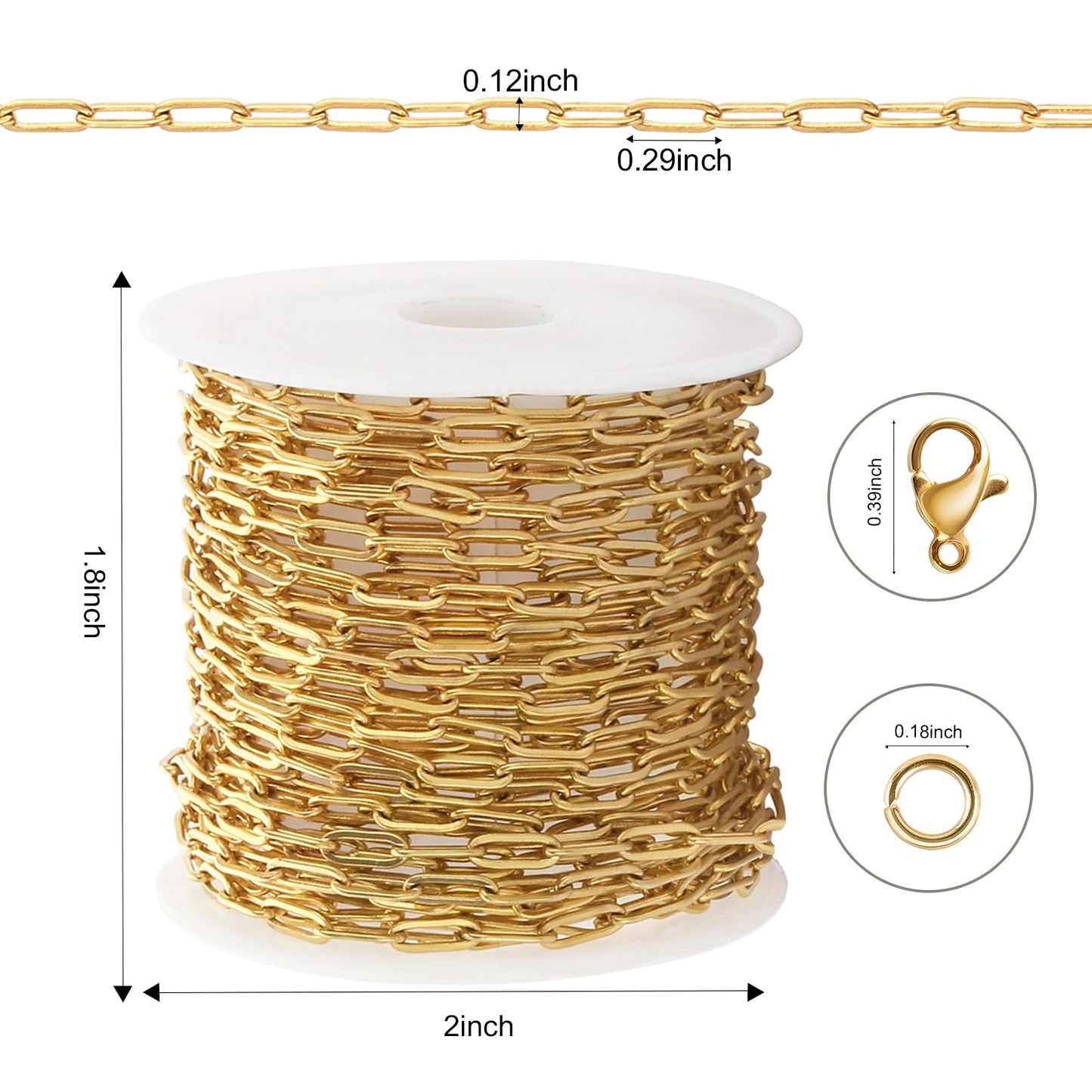 Kyutong 5M Gold PVD Plated Necklace Chain for Jewelry Making 304 Stainless Steel Paperclip Chain Roll with Lobster Clasps and Jump Rings for Men Women Making Jewelry Craft Support Jewelry Findings