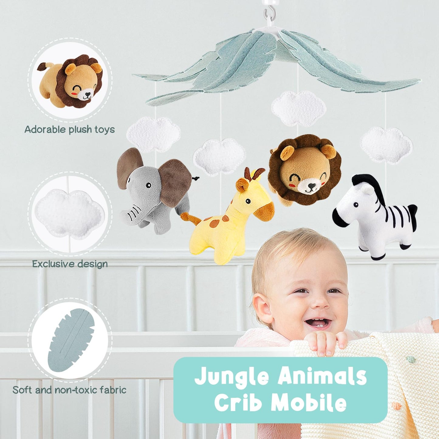 PIIKAGO Animals Crib Mobile for Boys & Girls - Safari Baby Mobile for Crib with Upgraded 3-Mode Music Box, Fits Standard Cribs, Nursery Mobiles