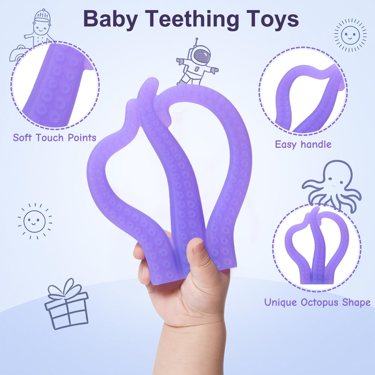Teething Toys 3-6 Months, Baby Teethers 6-12 Months, Silicone Teething Toys for Baby Relief 0-12 Months, Octopus BPA-Free Chew Toy for Newborn, Sensory Toy Gift for Boy Girl-B