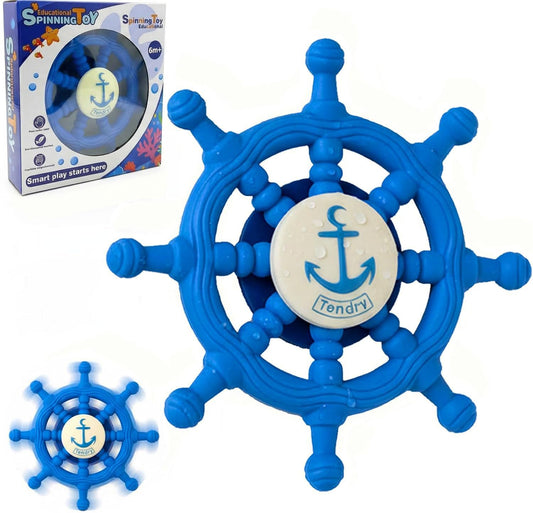 Baby Suction Spinner Toys for Bathtub, Silicone Toddler Bath & High Chair Toys for 1 Year Old Boy/Girl Birthday Gift, Interactive Ship Steering Wheel InfantToy for Car Window Travel-Blue