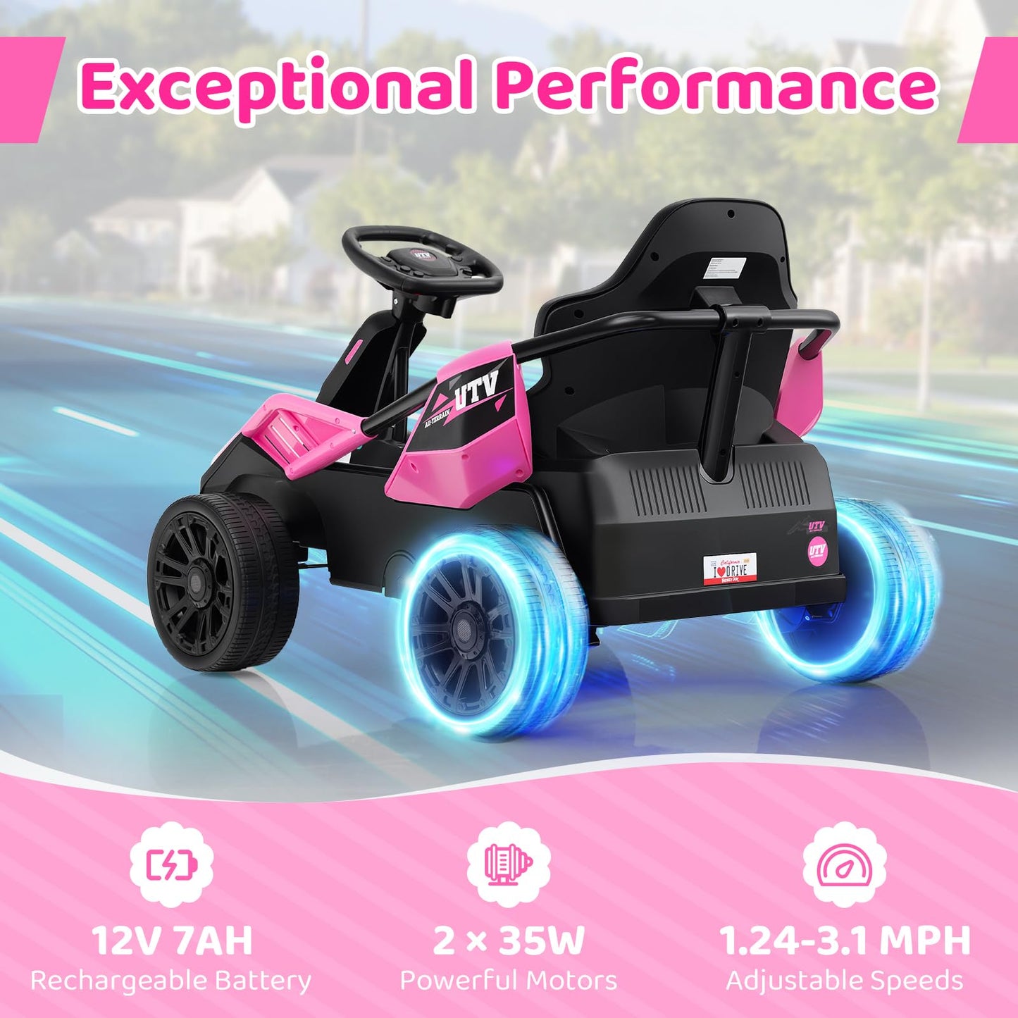 Costzon Electric Go Kart for Big Kids, 12V Ride on Race Toy Car w/Remote Control, LED Lights, 3 Speeds, 16" Wide Seat, Shock Absorbers, Horn & Music, Racing Kids Electric Kart for Boys & Girls (Pink)