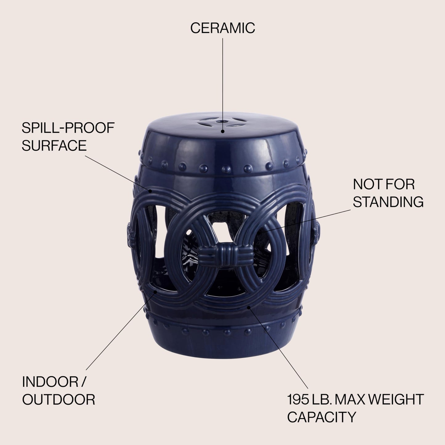 JONATHAN Y TBL1022B Lucky Coins 16" Chinese Ceramic Drum Indoor/Outdoor Garden Stool Bohemian, Coastal, Classic, Cottage, French Country, Traditional, Side Table, Plant Stand, Spill-Proof, Navy
