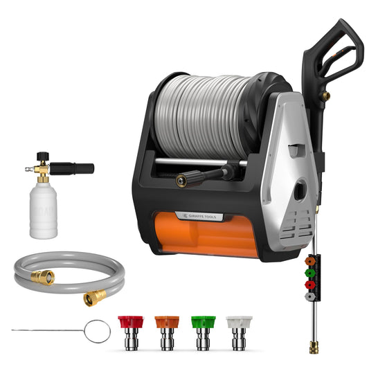 Giraffe Tools Grandfalls Wall Mount Pressure Washer Pro, Electric Power Washer with 1800W Motor, 4-Nozzles, Automatic Rewind, Any Length Lock, 100ft Pressure Hose