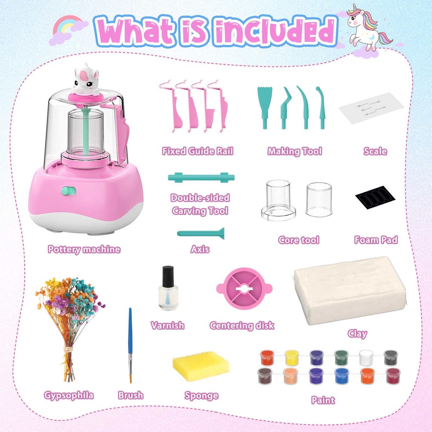 Mini Pottery Wheel for Kids - Pottery Painting Craft Kit with 2.3in Turntable, Clay, Flowers, Mess Free Arts and Crafts for Kid Ages 8-12, Birthday Christmas Gift Toy for Girls Ages 6-12+, Pink