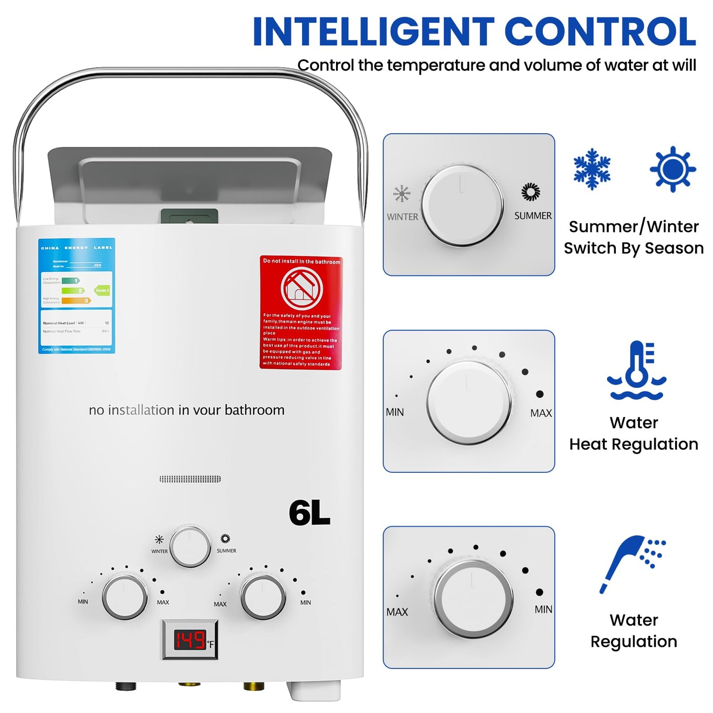 Propane Tankless Water Heater gas, 6L Portable propane shower 1.58 GPM, Outdoor Tankless Camping Water Heater for RV, Cabin, Barn, Camping, Boat, Outdoor Shower