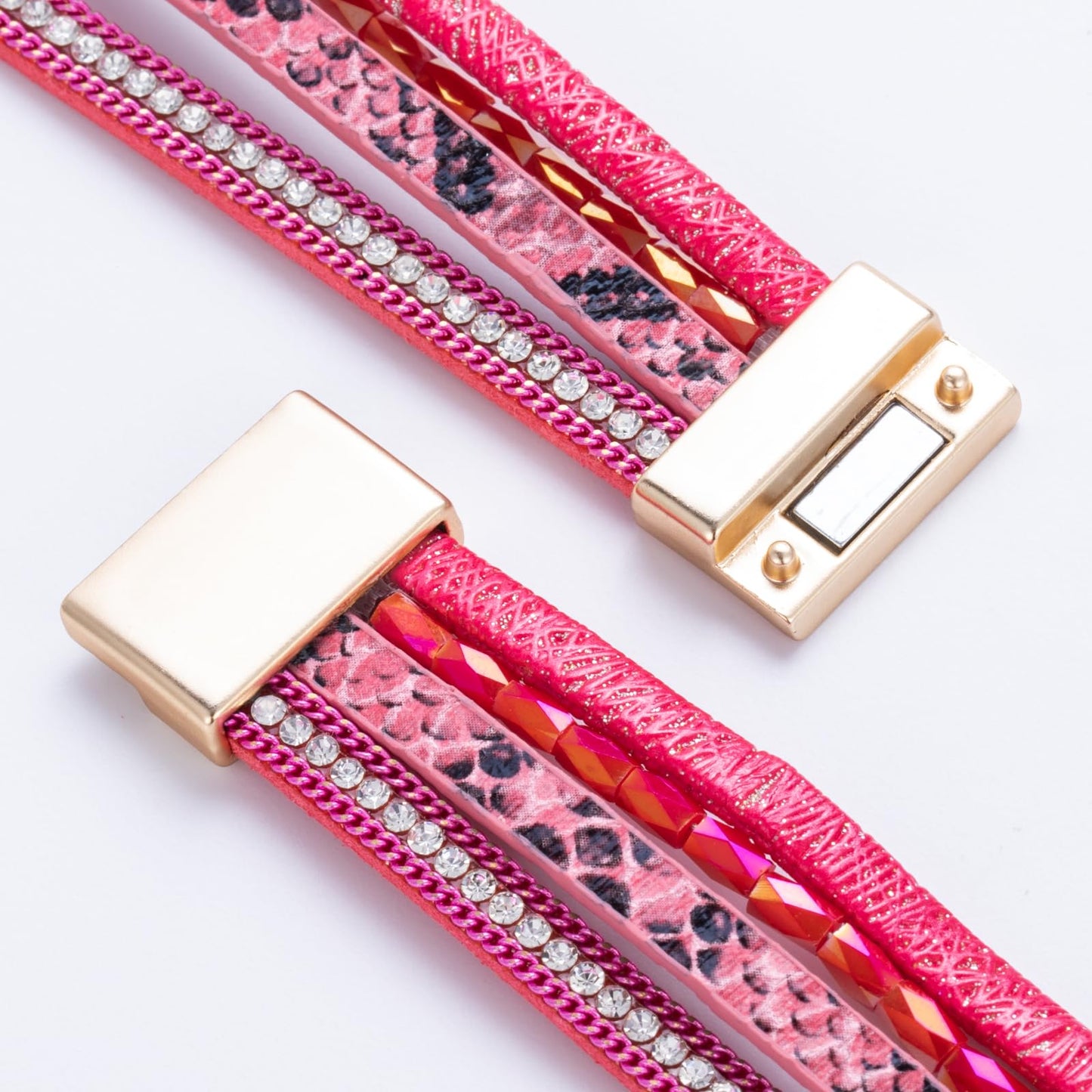 FANCY SHINY Boho Leather Wrap Bracelet Stackable Chunky Crystal Cuff Bracelets with Magnetic Clasp Cowboy Cowgirl Western Summer Beach Outfits Jewelry Gifts for Women (7.7", Hot Pink)