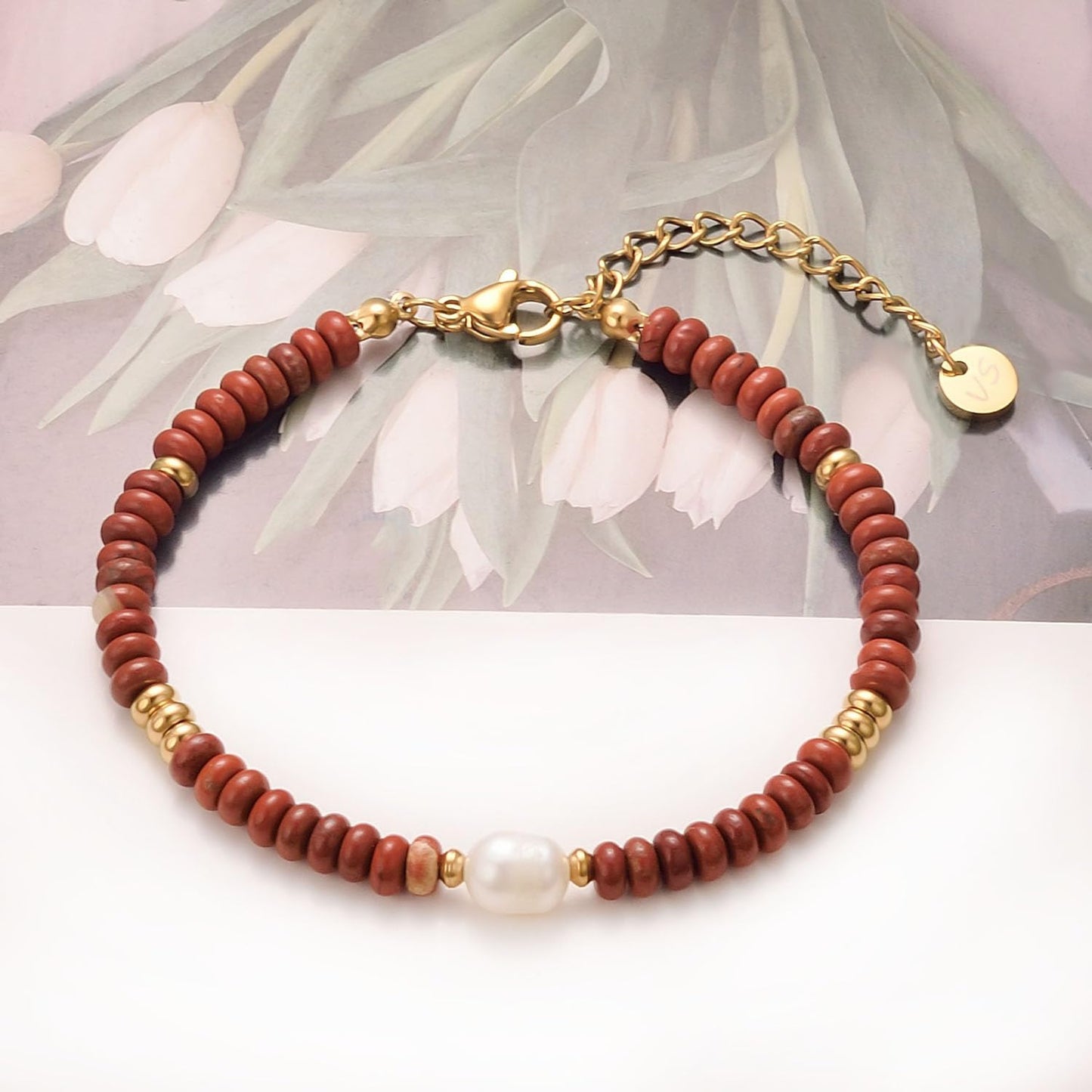 vissen Red Natural Stone Bracelets for Women Gold Bangle Bracelets Stainless Steel Freshwater Cultured Pearl Bracelet Jewelry Gift