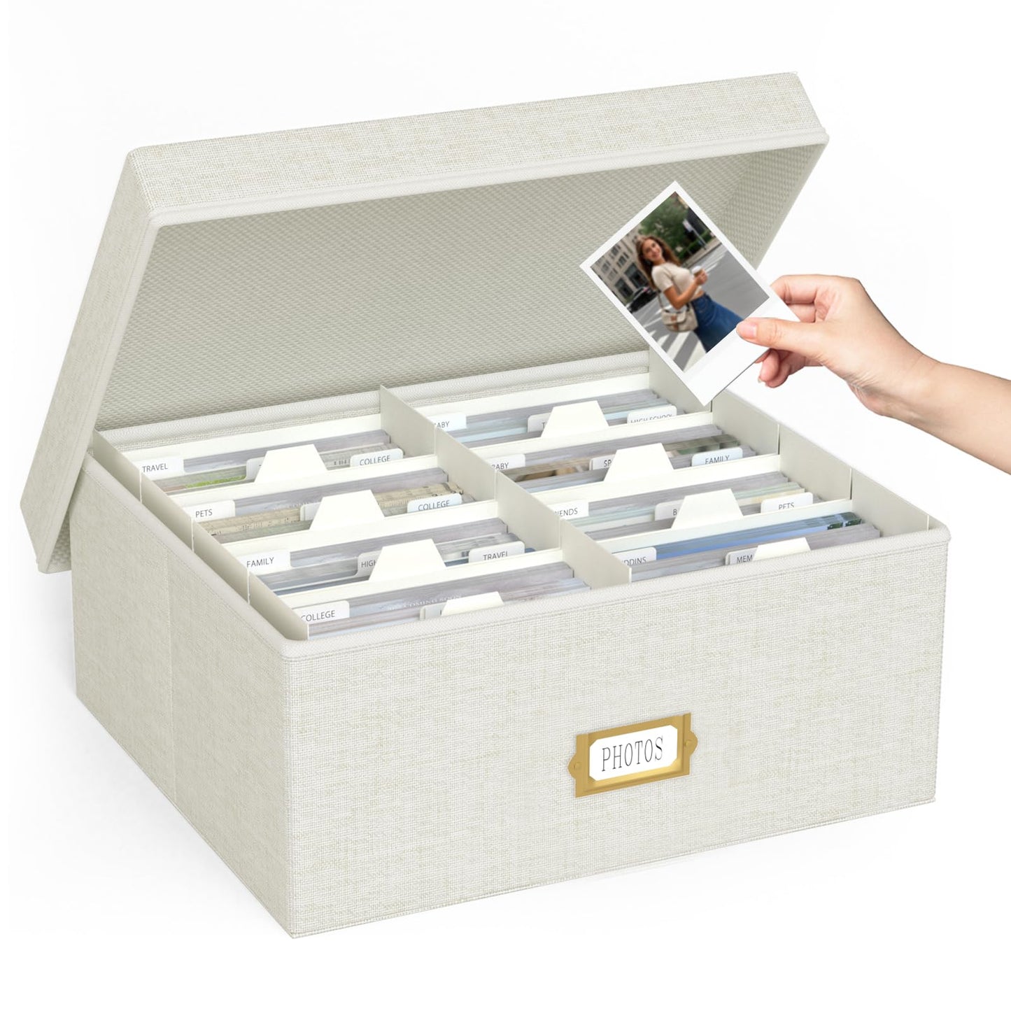 Decorative Photo Storage Box - Linen Photo Box Organizer with Dividers, Fits Holds Up to 1700 Pictures and 4x6 Photos, Memory Keepsake Organizer for Photos, Scrapbook Supplies, Cards, Stamps (Beige)