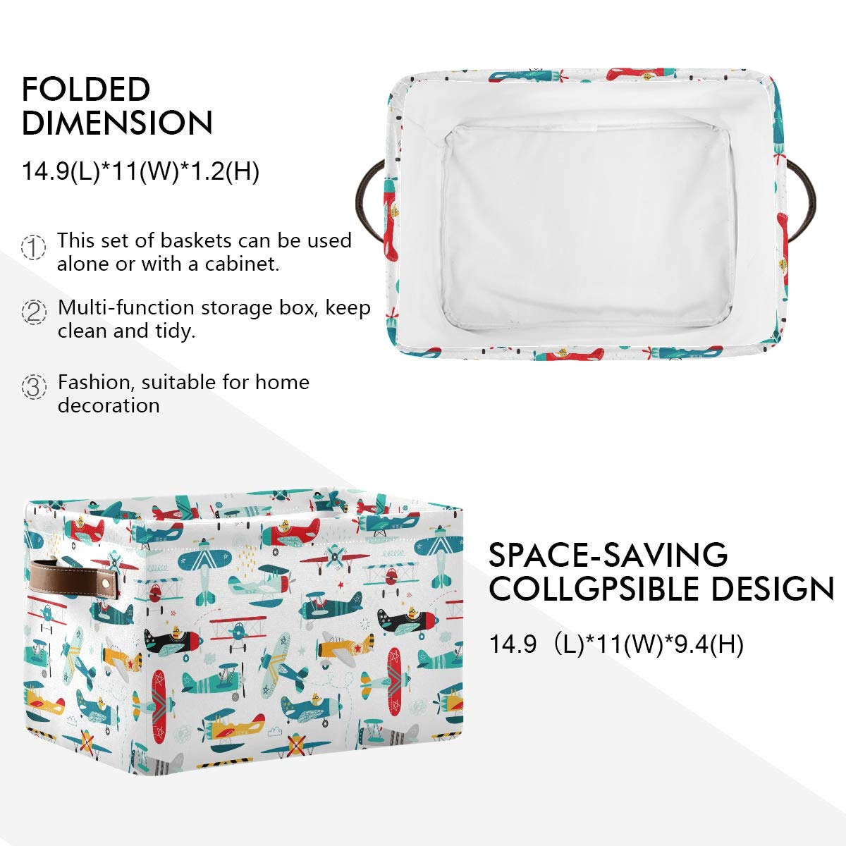 Storage Basket Cube Cartoon Airplane Helicopter Large Collapsible Toys Storage Box Bin Laundry Organizer for Closet Shelf Nursery Kids Bedroom,15x11x9.5 in,2 Pack