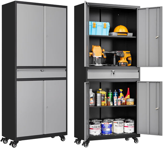 Metal Garage Storage Cabinet with Wheels and Drawer,Gray Rolling Garage Cabinet with Locking Doors and Adjustable Shelves,73" Tall Mobile Metal Storage Cabinets on Wheels for Home,Office,Garages,Tool