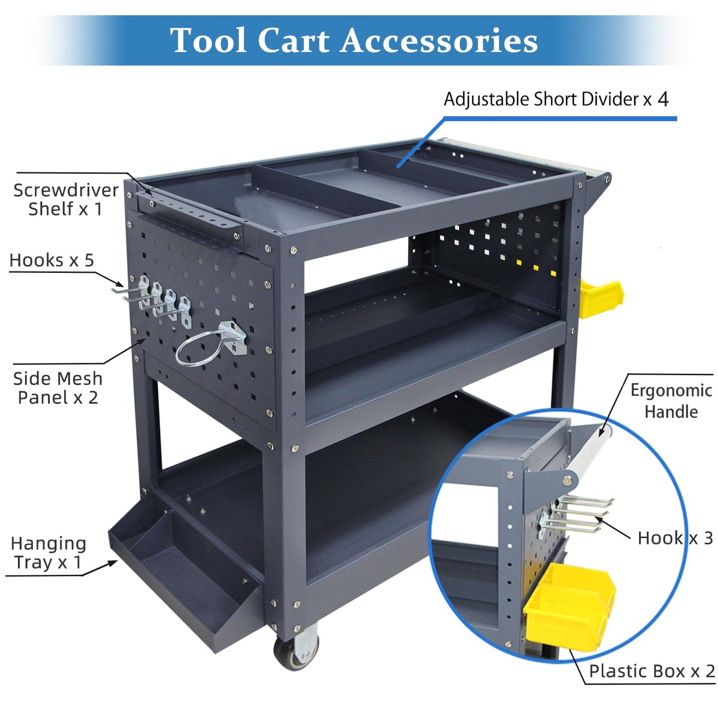 Mechanics Cart, 500 lbs Capacity, 31.5"x29"x15", Rolling Tool Cart with 4 Dividers, Mesh Panels & Hanging Tray for Garage & Jobsite