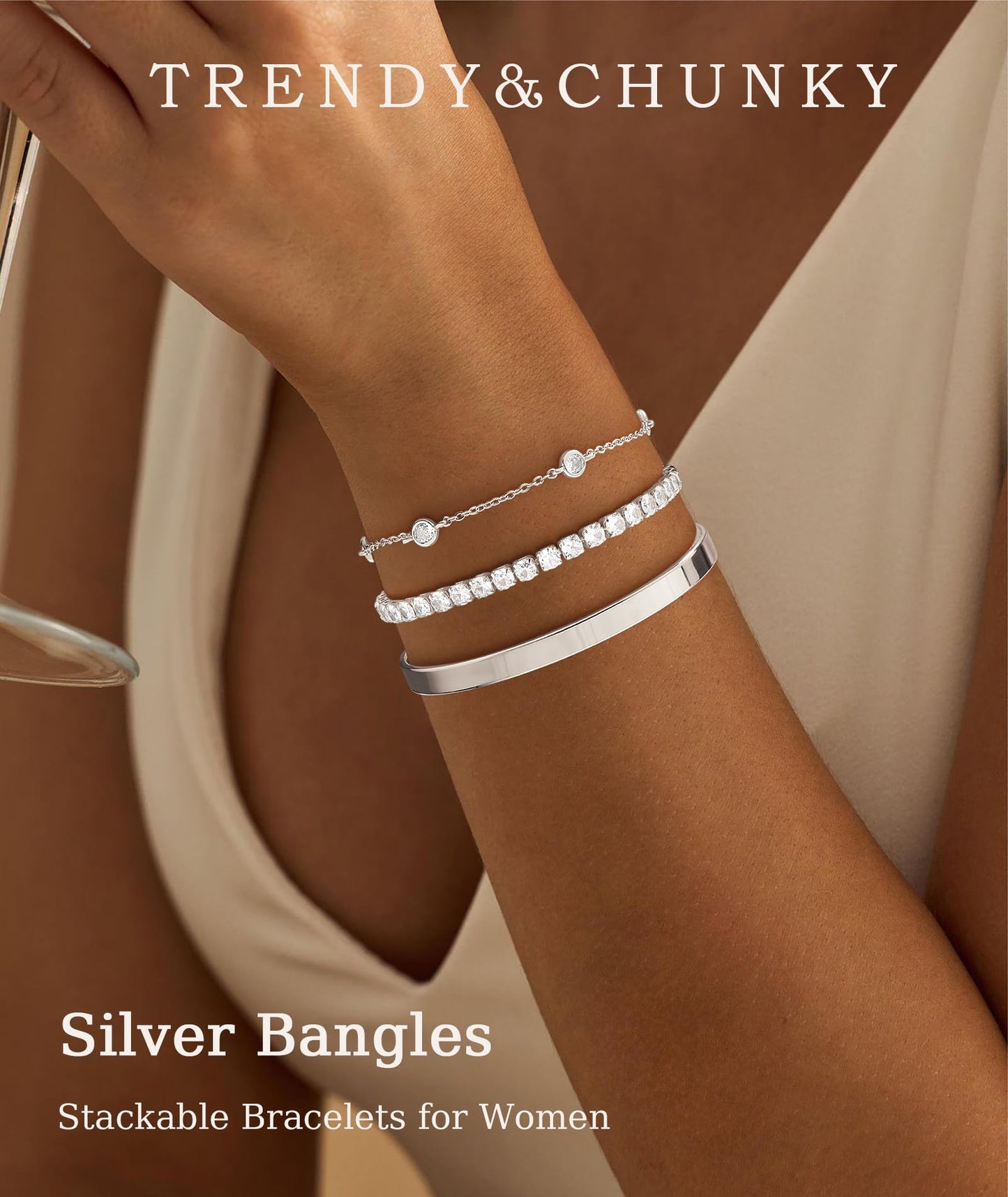ZOERAY Silver Gold Bangle Bracelets for Women Non Tarnish 14k Gold Plated Stackable Cuff Bracelets for Women Trendy Cubic Zirconia Stainless Steel Chunky Bracelet Stack Set Waterproof Jewelry Gifts