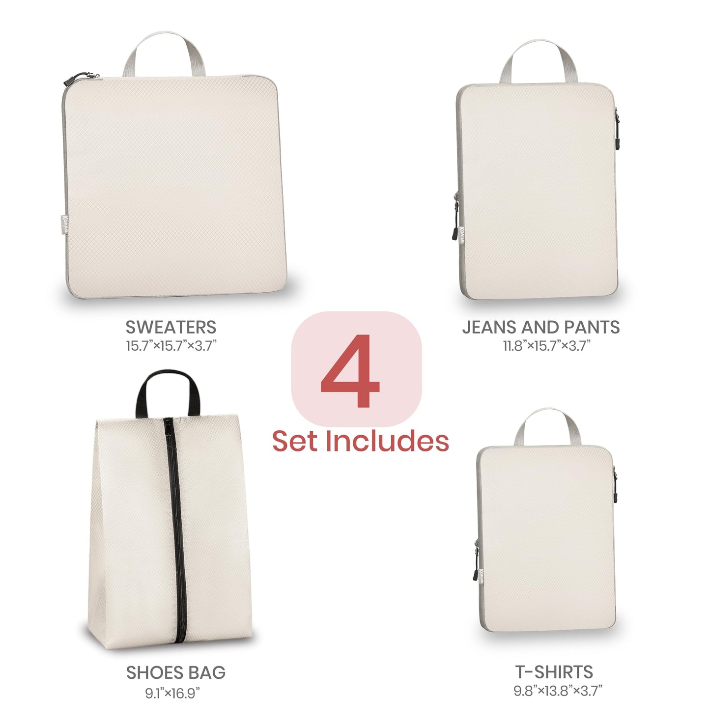 Kovire Compression Packing Cubes for Travel, Set of 4 Expandable Luggage Organizers with Shoe Bag, Lightweight Water-Resistant Suitcase Essentials for Carry-on & Checked Luggage, Cream
