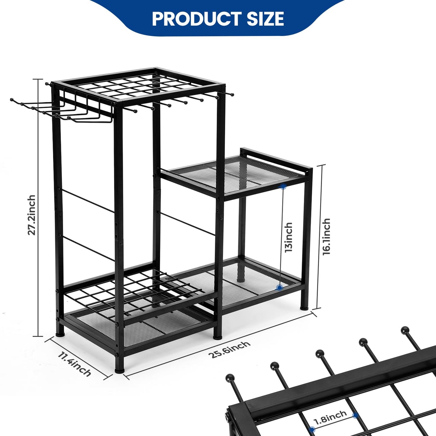 Garden Tool Organizer with 2-Tier Steel Shelves, Holds 50 Long-Handled Tools/Rakes/Brooms/Shovles for Garage Organization and Storage, Shed, Outdoor, Lawn, Heavy-Duty Steel, Black, Easy Assembly