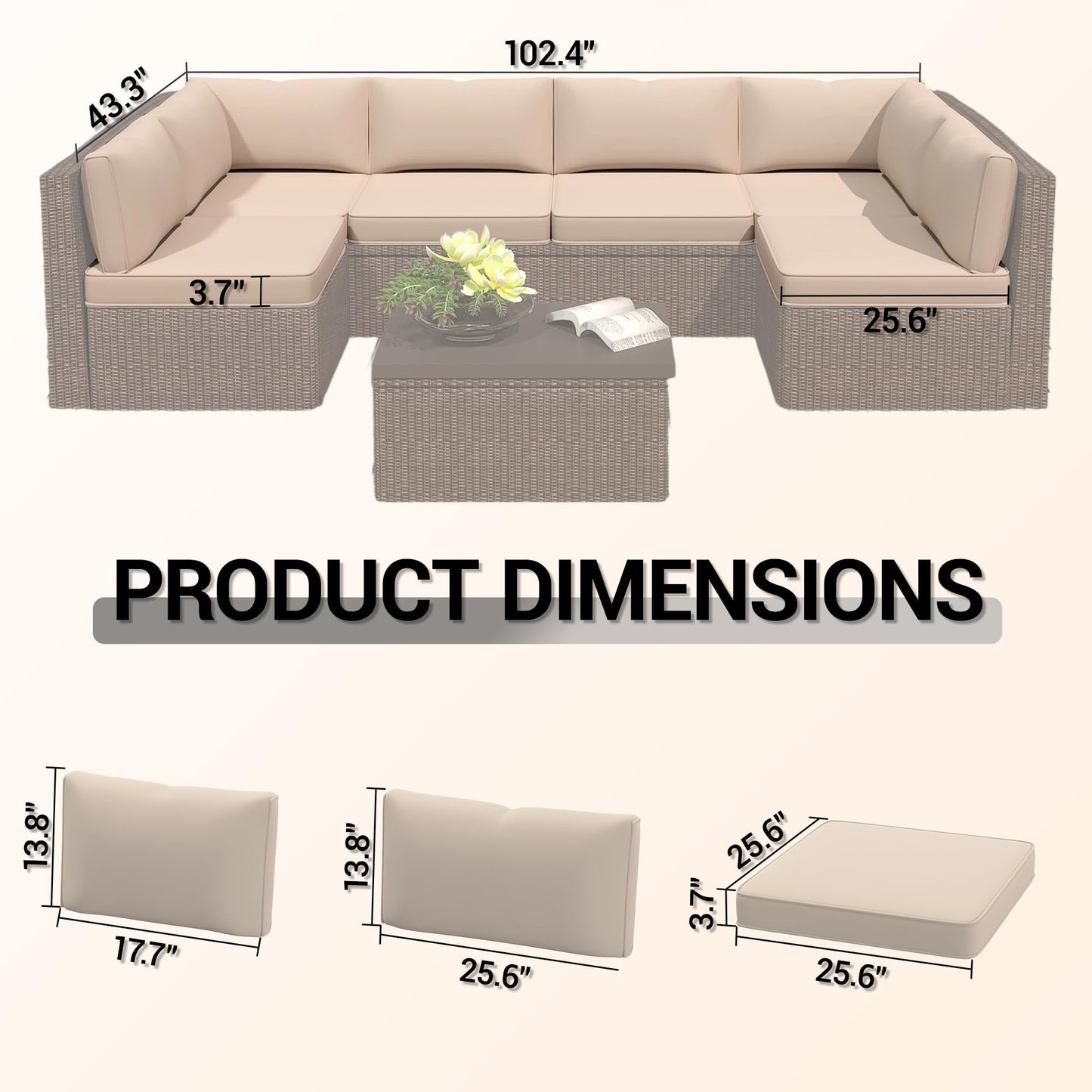 WiNVO 14-Piece Outdoor Replacement Cushions for Patio Furniture, Deep Seat Cushions for 6-Seat Sectional Rattan Sofa, Water-Resistant Couch Cushion Set with Non-Slip Backing, Cream White