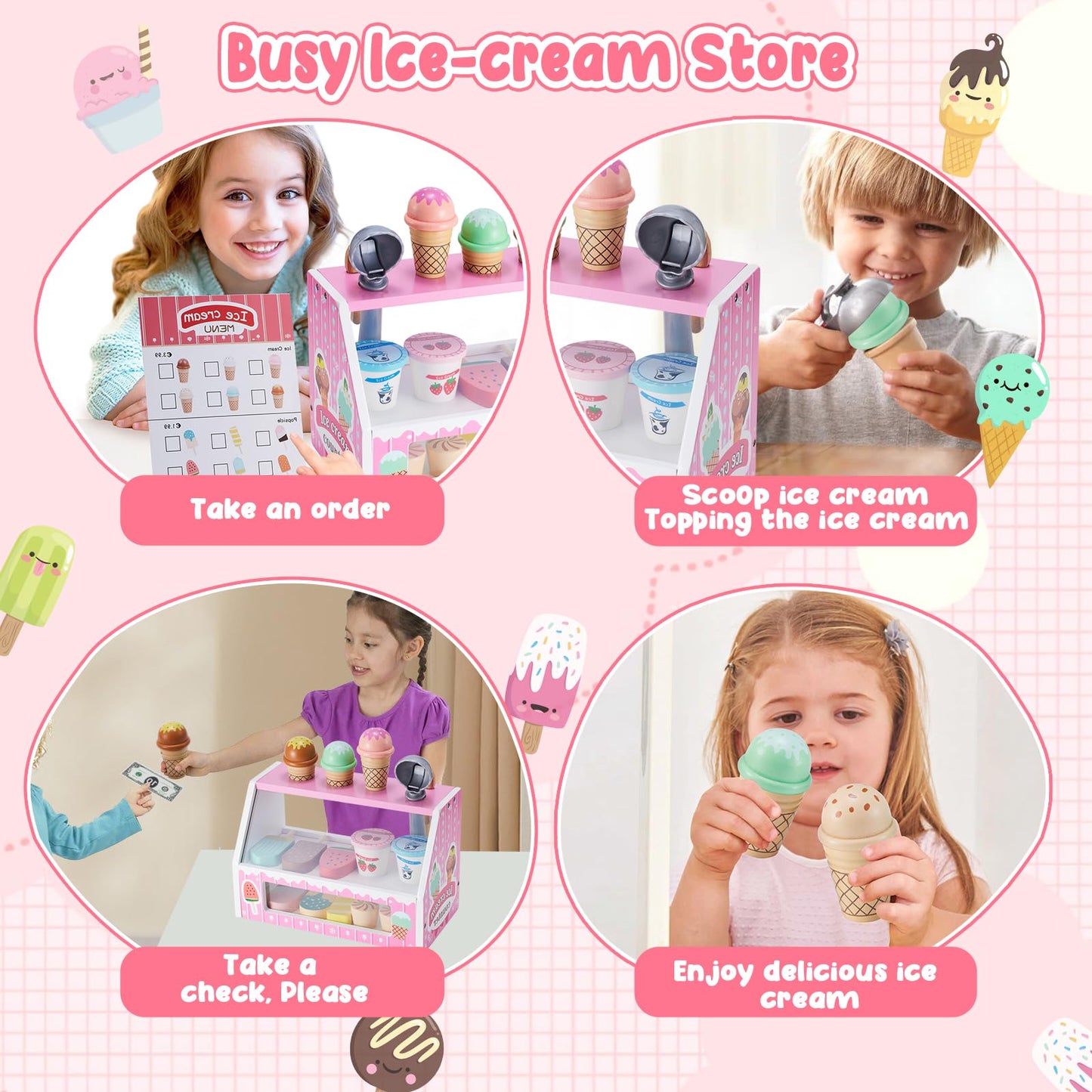 WHOHOLL Wooden Ice Cream Counter Playset for Toddler Girl Toys, Play Store Pretend Toy Food Play Kitchen Accessories with Fake Money & Coin, Christmas Birthday Gifts for 3+ Year Old Kids (Pink)
