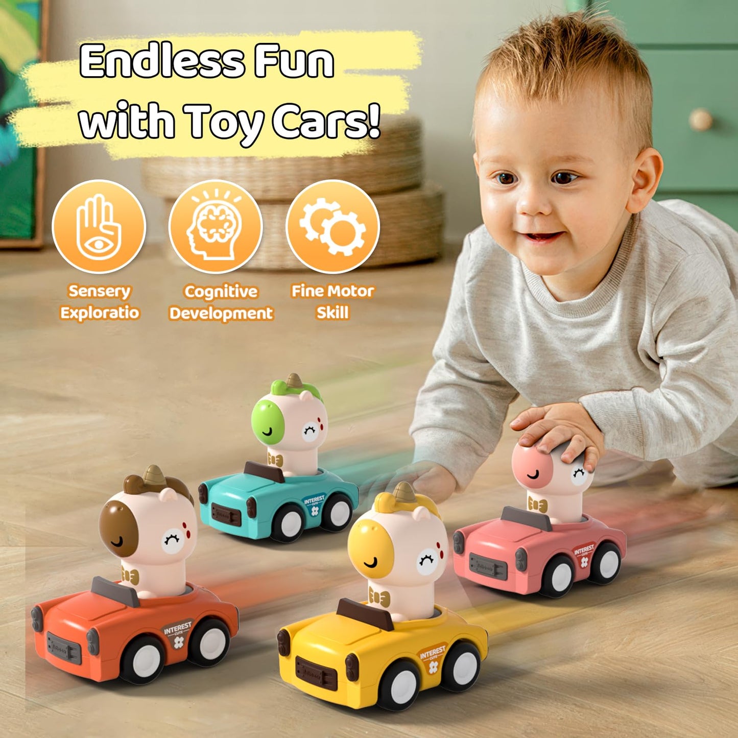 SUPVIB Press to Go Friction Inertia Car, Animal Toddler Toy Cars 1-3, Infant 6-9-12-18 Month Play Figure Vehicle Set, 1st Birthday Gift for 1-2 Year Old Boy Girl