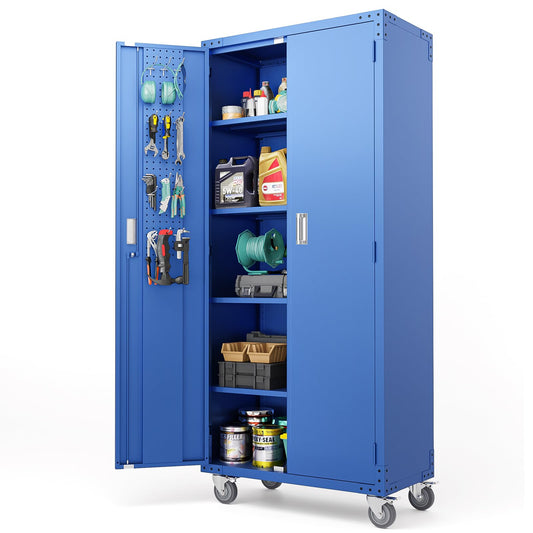 VINGLI 72'' Tall Metal Garage Storage Cabinet with Pegboards, Wheels, Locking Doors and Adjustable Shelves, File Cabinet/Tool Cabinet for Home Office/School (Blue, 32W x 16D x 72H)