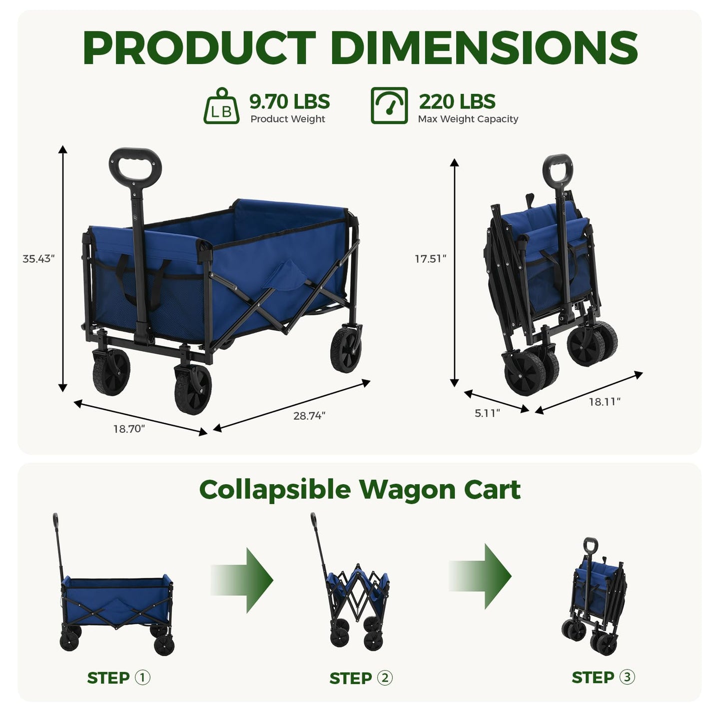 DUMOS Collapsible Wagon Cart, 67L Heavy Duty Utility Folding Wagon with Wheels – 220 lbs Weight Capacity, Flexible Handle for Beach, Grocery, Camping & Garden, Blue