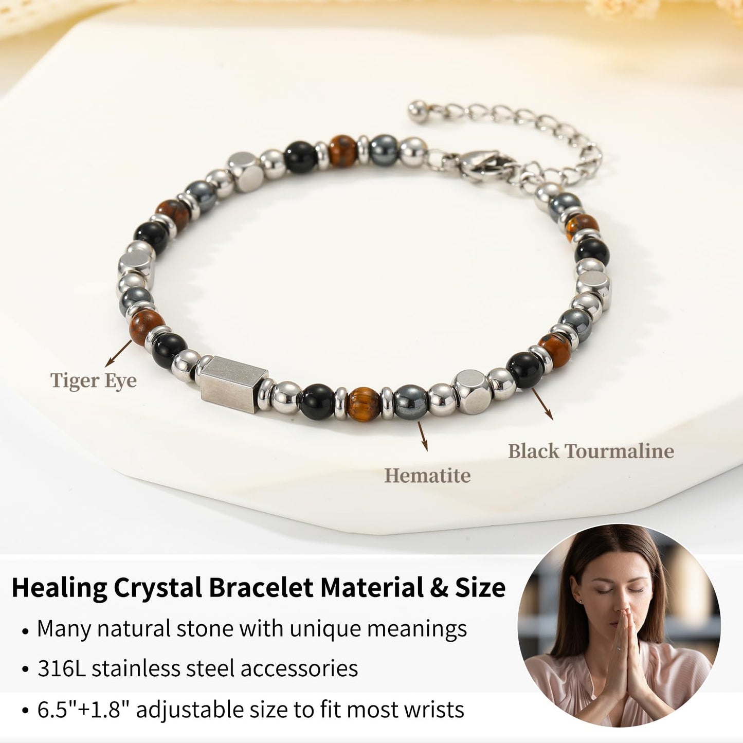 ESPVO Triple Protection Bracelet for Women Gifts Energy Hematite Black Tourmaline Tigers Eye Bead Crystal Healing Obsidian Guardian Piedra Turmalina Negra Jewelry Natural Stones Teens