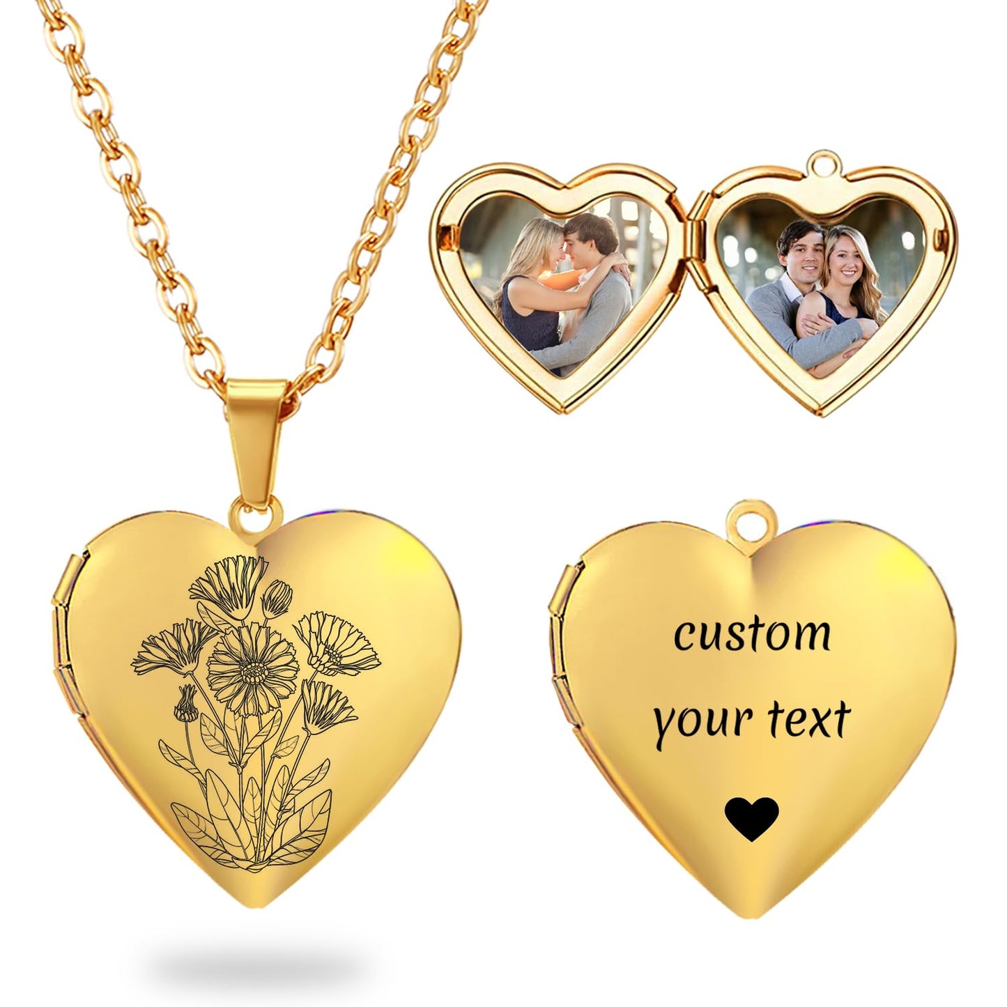 PHOCKSIN Gold Heart Locket Necklace 12 Birth Flowers Personalized Love Heart Necklace that Holds Pictures Customized Gifts Locket Necklaces for Birthday Presents