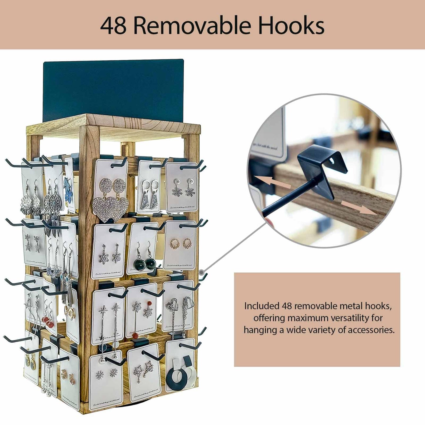 Jewack Wooden rotating Jewelry Display Stand with Removable 48 Hooks advertising board, For Earring Cards necklace bracelet Keychain Jewelry Organizer For Selling For vendor events (brown)
