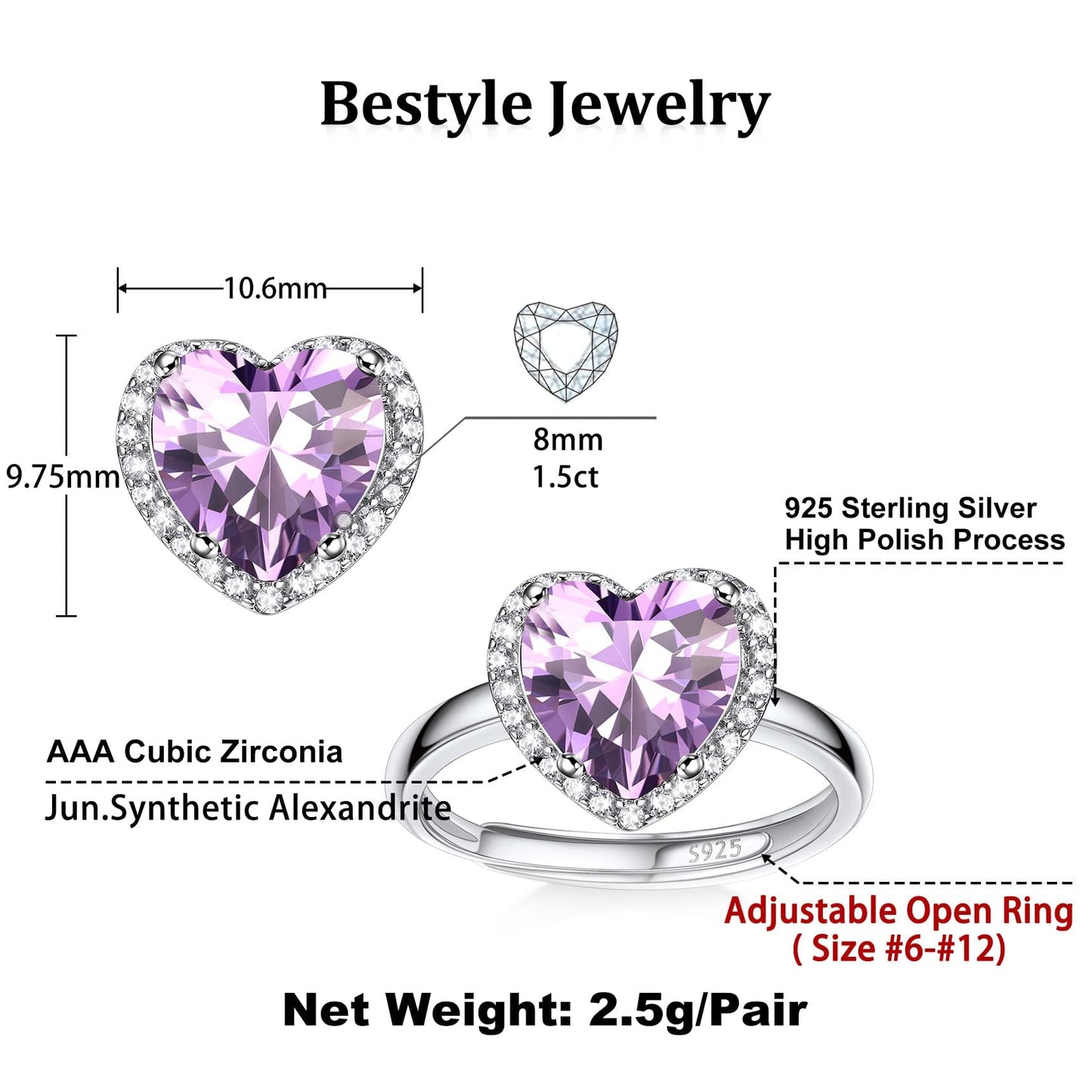 Bestyle Flattering June Alexandrite Heart Crystal Rings Halo Cubic Zirconia Rings for Women Dainty 925 Sterling Silver Hypoallergenic Adjustable Rings Size #6-#12