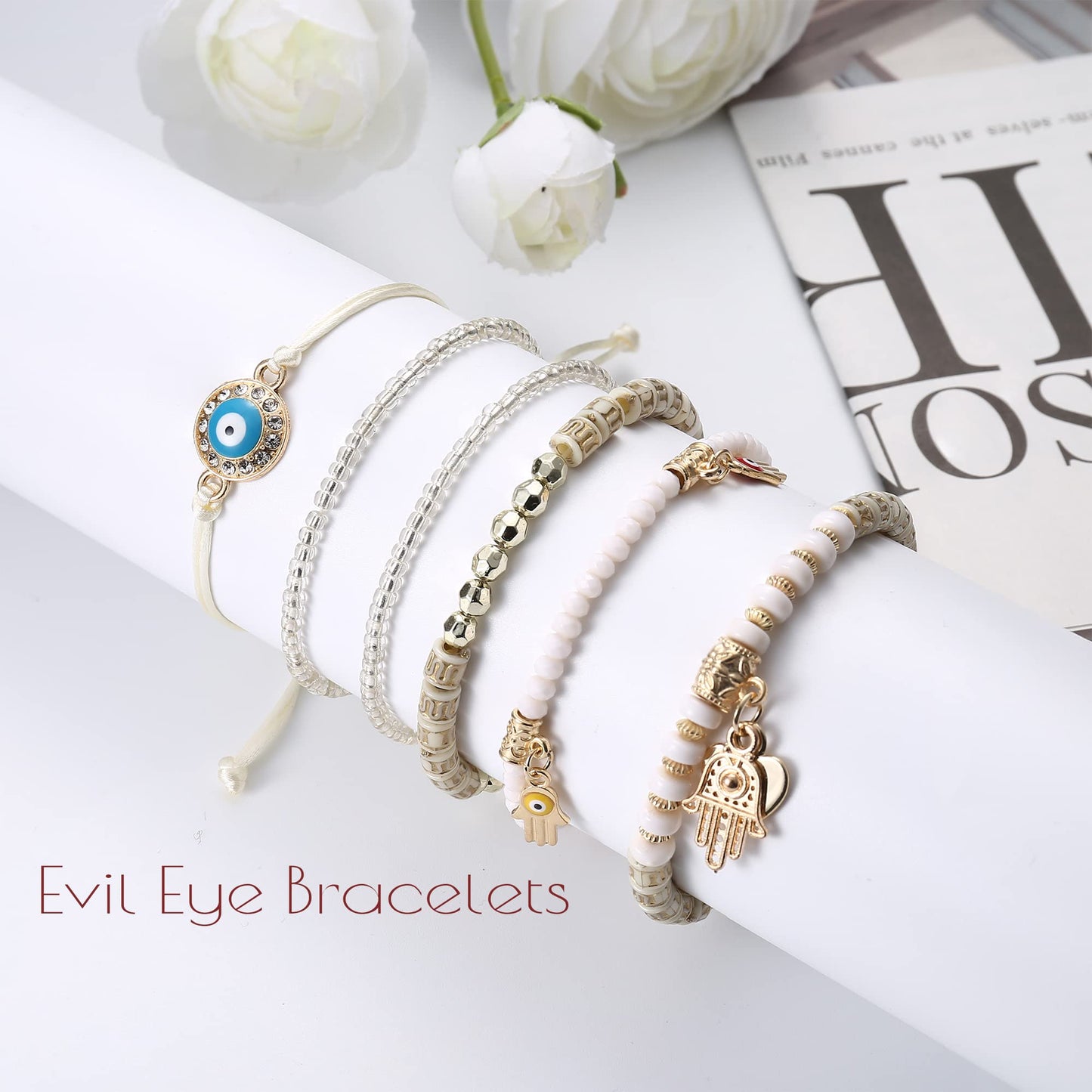 MILACOLATO Bohemian Bead Bracelets Set, Multilayer Evil Eye Stackable Bracelets, Comfort-Fit Stretch Bracelets for Women 6 Sets