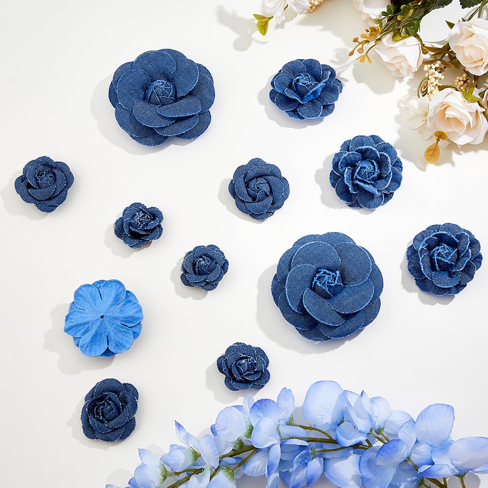 SUPERFINDINGS 16Pcs 4 Styles Marine Blue Denim Cloth Flowers Fabric Camelia Canvas Fabric Flower Flower Shaped Sewn Accessories for Clothes Decoration Jacket Skirt Coat Trim Brooch Crafts DIY