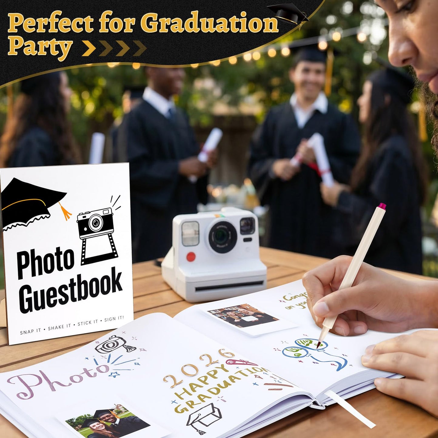 LawnIdyll 2026 Graduation Guest Book with Photo Sign Metallic Pens Stickers 144 Pages Class of 2026 Scrapbook Album Gift Memory Book for High School College Graduation Party Supplies (White)