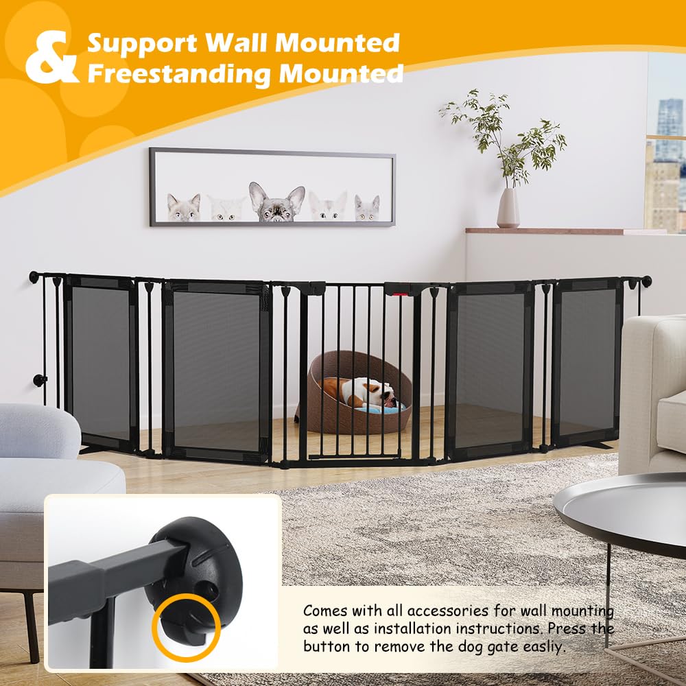 HIDOG Dog Gate Foldable Pet Playpen Extra Wide 29"-126", Auto Close Pet Gate Dog Fence Pressure Mounted Walk Through Swing Safety Pet Fence Indoor Puppy Date for Stairs, 29" Height-5 Panels, Black