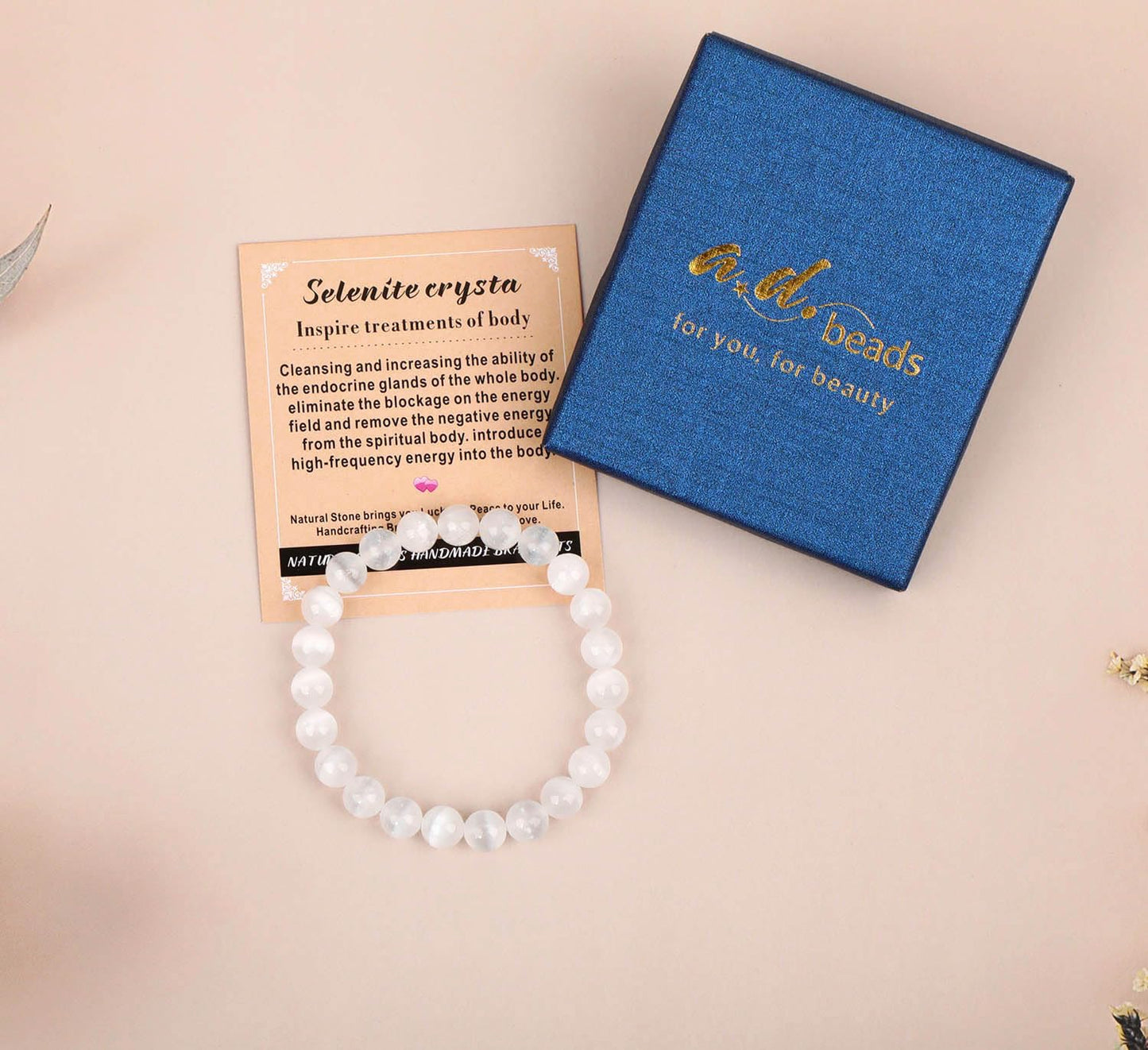 AD Beads Handmade Gemstone Stretch Elastic Bracelet Crystal Healing Reiki Nature's Beauty and Spiritual Essence Unisex (4mm, Selenite Crystal (Inspire Treatments))