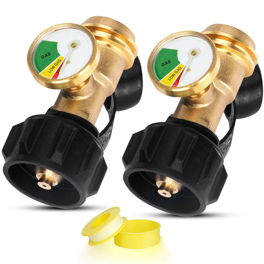 Propane Tank Gauge Level Indicator for 20lb Tanks, Propane Pressure Gauge with Leak Detector for BBQ Gas Grill, RV, Heater, Fire Pit, QCC Type1 Inlet, Solid Brass, 2 Pack