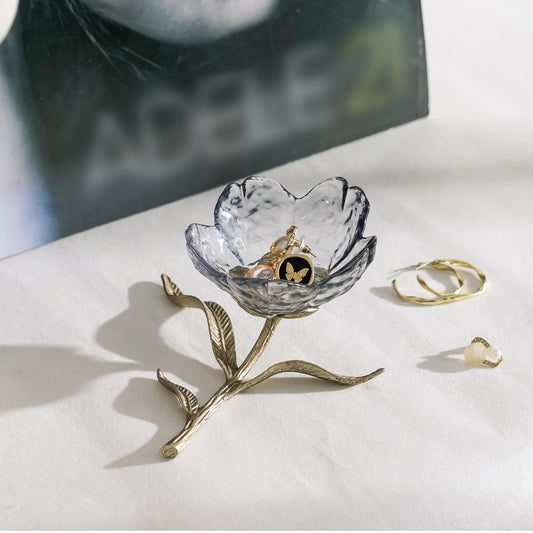 SOFFEE DESIGN Dark Glass Flower Jewelry Tray with Gold Metal Leaf Base, Jewelry Dish Ash Tray for Vanity Table, Moody Home Decor Accent