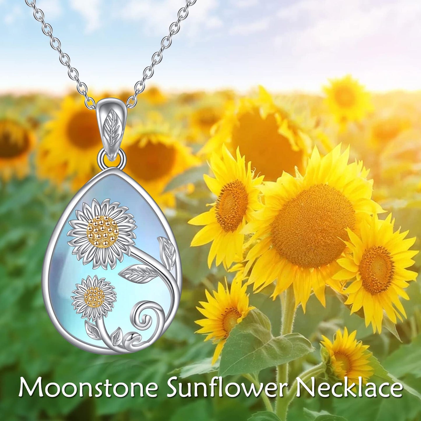 YAFEINI 925 Sterling Silver Moonstone Sunflower Necklace Filigree Teardrop Pendant Necklace Jewelry for Women (J-Sunflower Moonstone Necklace)