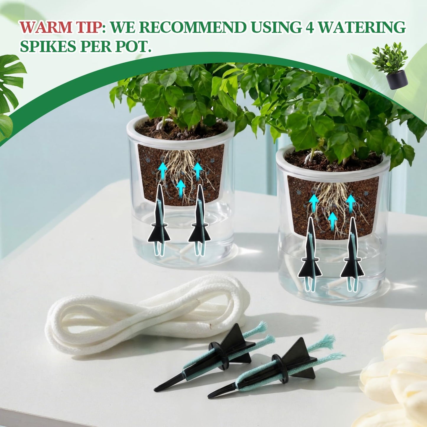 Singhoow 8 Pack Self Watering Spikes for Indoor Outdoor Plants, Automatic Plant Watering Stakes with 32.8ft Capillary Wick Rope, DIY Vacation Plant Waterer for Potted Plants, Seedlings, Garden Pots