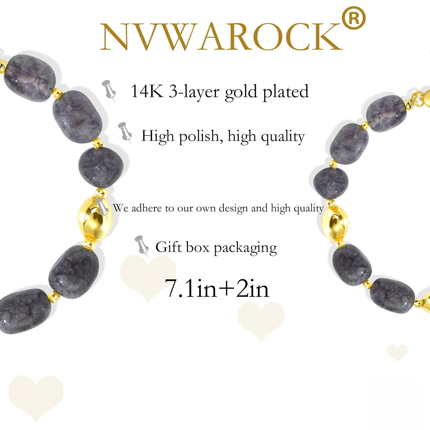 NVWAROCK Beaded Bracelet for Women, Gemstone Bracelet, 14K Gold Plated Stackable Handmade Oval Stone Bracelet Jewelry Gift - Grey