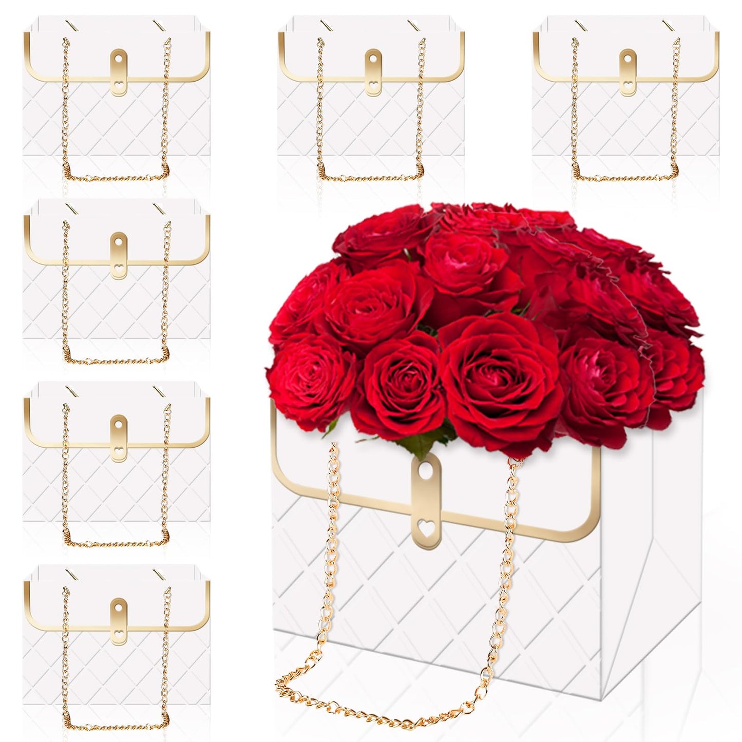 Whaline 6 Pcs White Paper Flower Bags with Metal Chain Bouquet Storage Bucket Florist Boxes Flower Wrapping Basket Handbags for Mother's Day Wedding Birthday Party Gift Supplies