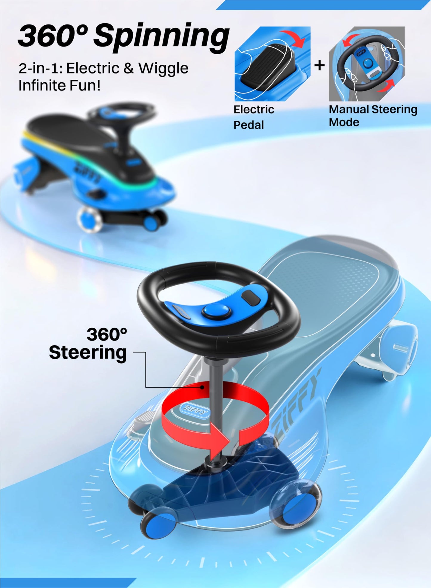 JOVA ZIFFY 45W 5.5A Light-Up Electric Wiggle Car with Pedal, Rechargeable Battery, 2-in-1 Swing Car, 2 Speed Ride-On Toy, Anti-Rollover, Flashing Wheels for Ages 3+ (Up to 110 lbs)