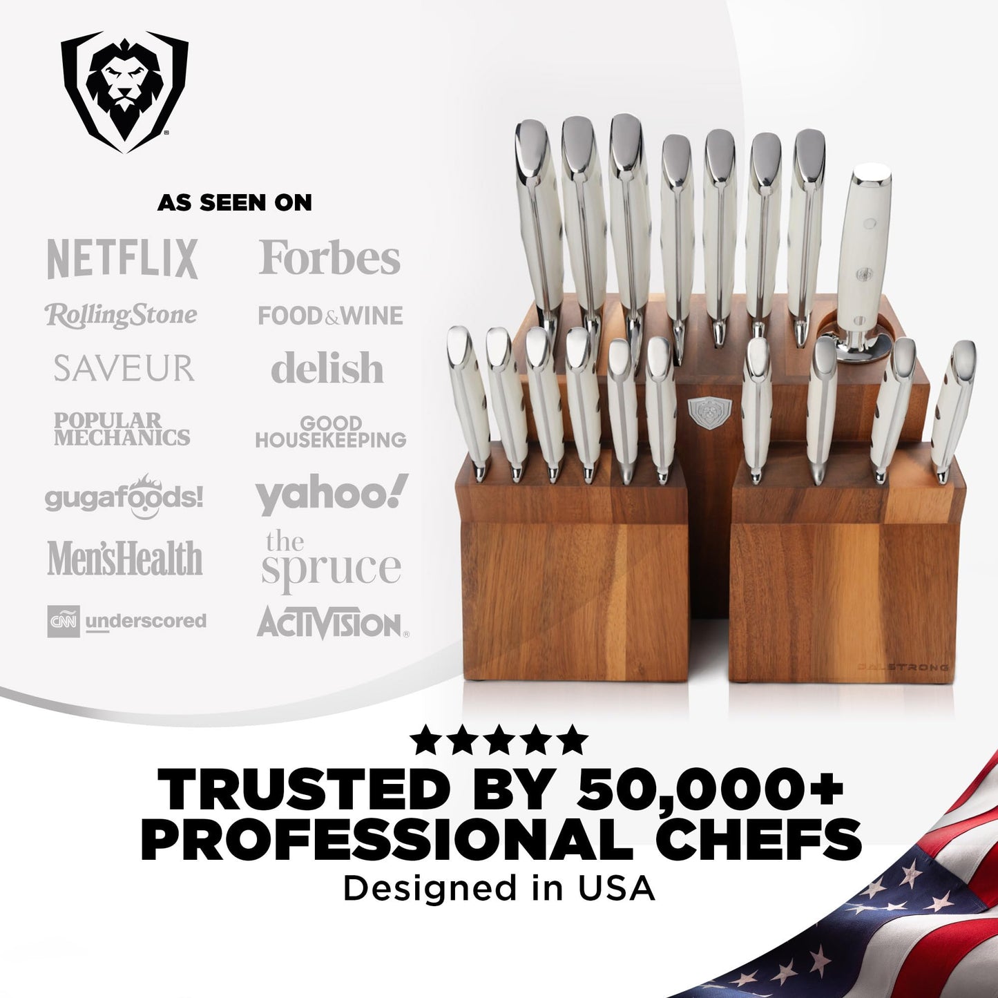 Dalstrong 18-Piece Kitchen Knife Set Block - High Carbon German Steel Full Tang - Acacia Wood Knife Block Set - White Handles ABS Gladiator Series - Professional NSF Knives set for Kitchen Cuchillos