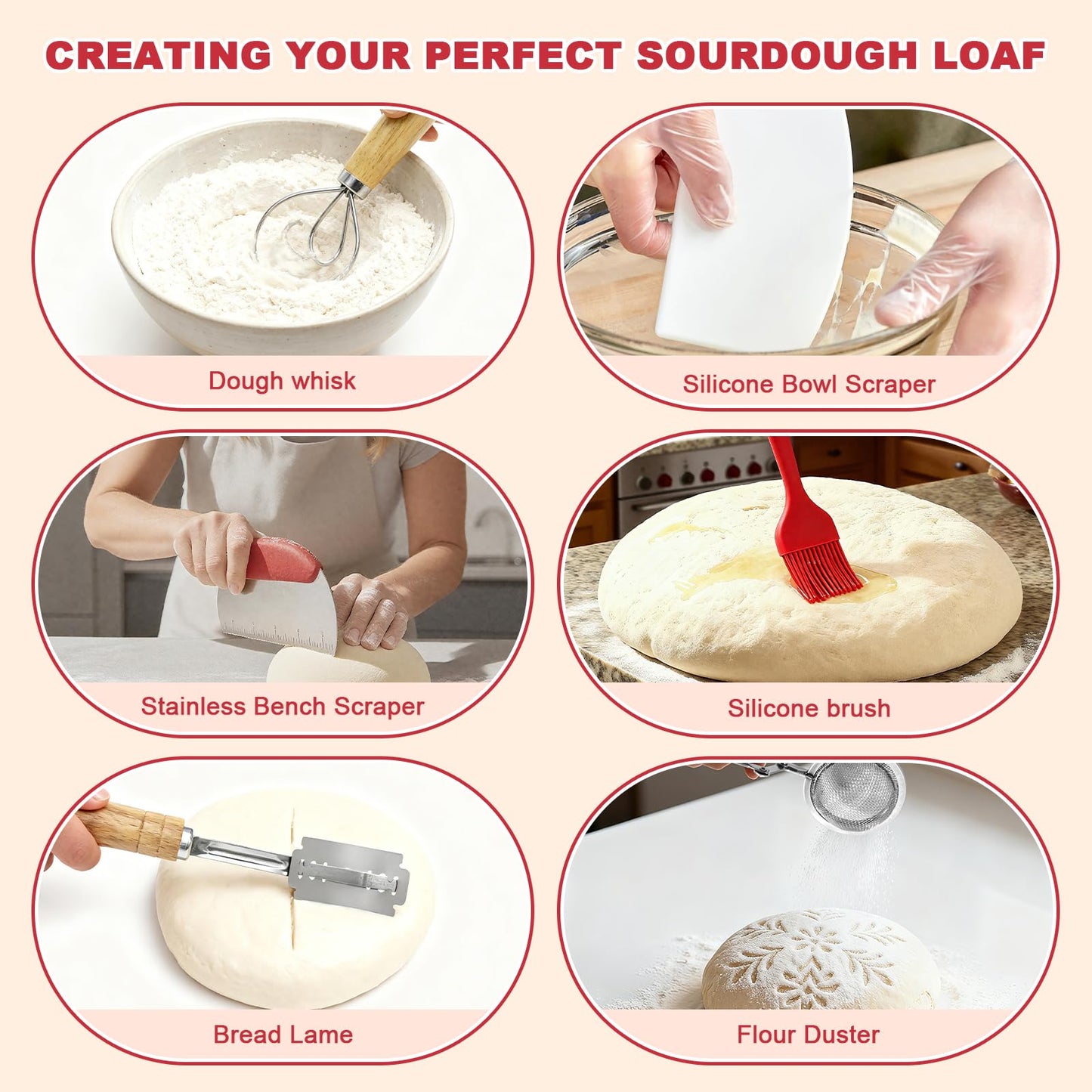 Sourdough Bread Baking Supplies, Sourdough Starter Kit with Cotton Rope Oval & Round Bread Proofing Basket and Sourdough Starter Jar, Artisan Bread Making Kit Ideal Gift for Bakers, Women Wife Mom Red