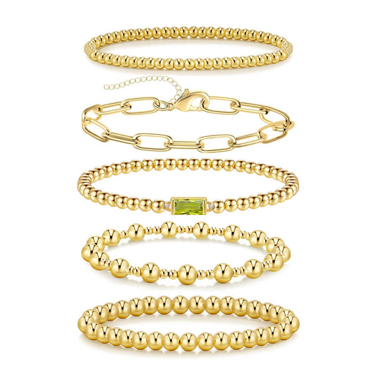 5 PCS Gold Bracelets for Women, Dainty Birthstone Bracelet 14K Gold Plated Stackable Paperclip Cuban Link Chain Bead Bracelets, Fashion Trendy Jewelry Sets Birthday Gifts