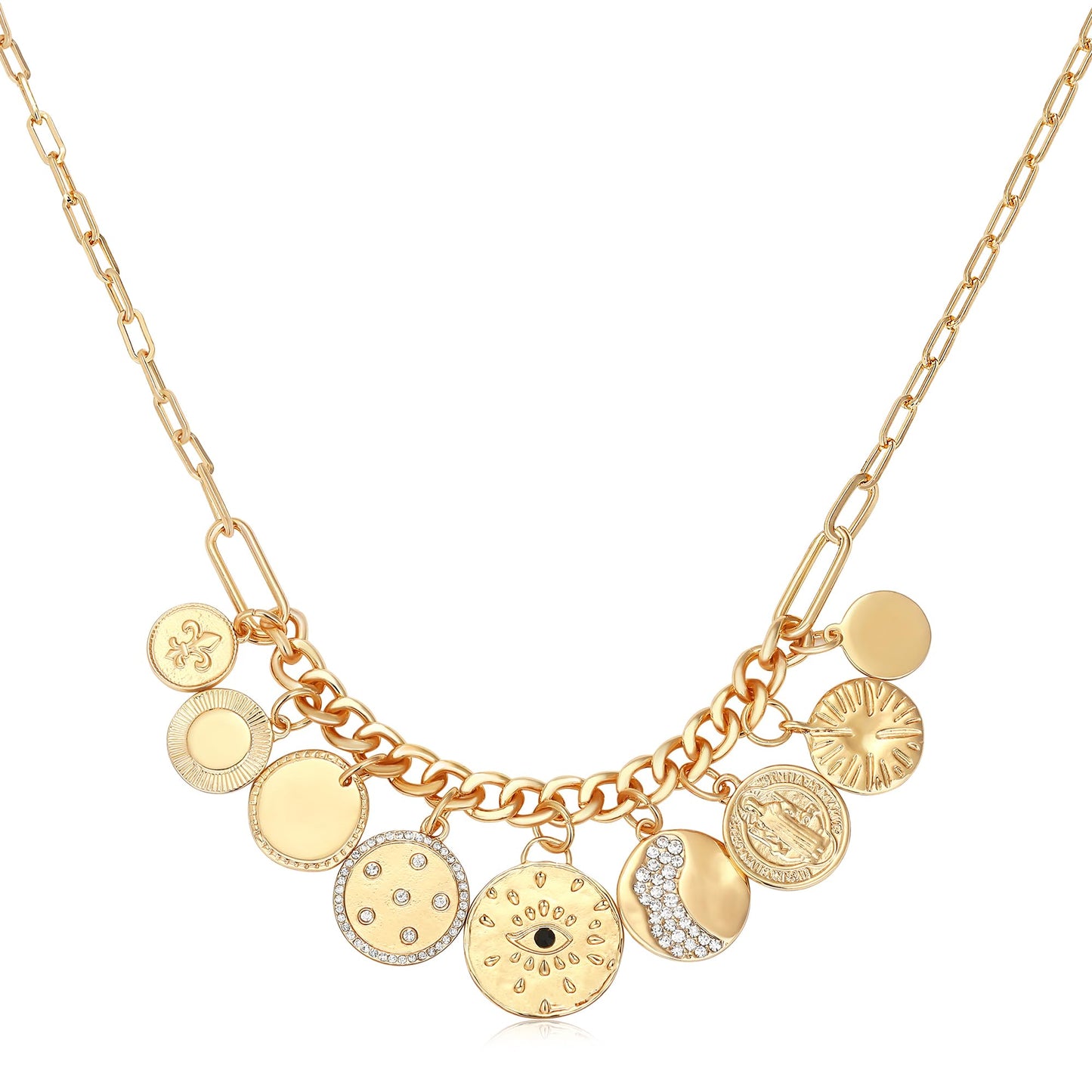 MISS RIGHT Charm Necklace for Women Dainty Gold Evil Eye Coin Lucky Vintage Paperclip Chain Sun Moon Disc Chunky Charm Pendant Necklace Jewelry Gifts COINS