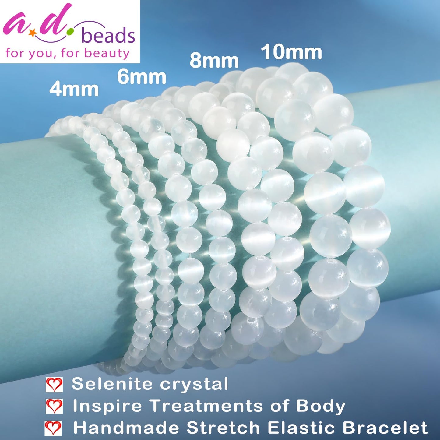 AD Beads 4mm Handmade Selenite crystal Elastic Bracelet – Natural Gemstone for Inspire treatments of body – Meditation, Yoga, Healing and Energy Gift for Men Women